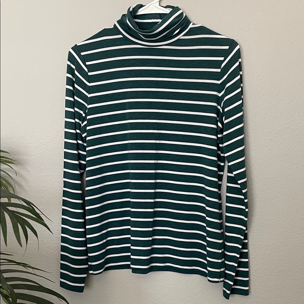 Banana Republic Green and White Striped Long Sleeve Top Turtleneck Top